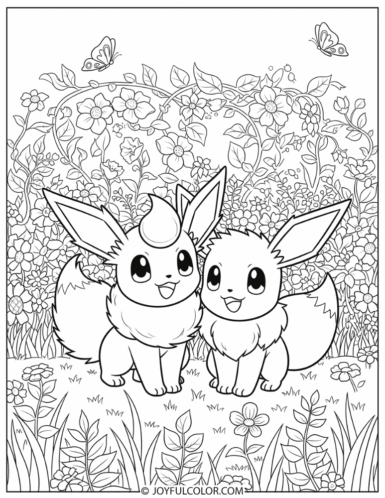 Flareon and Eevee Coloring Page