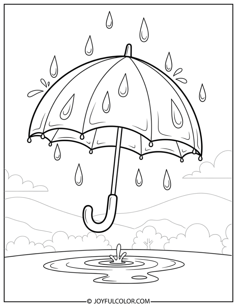 Floating Umbrella in Rain Coloring Page