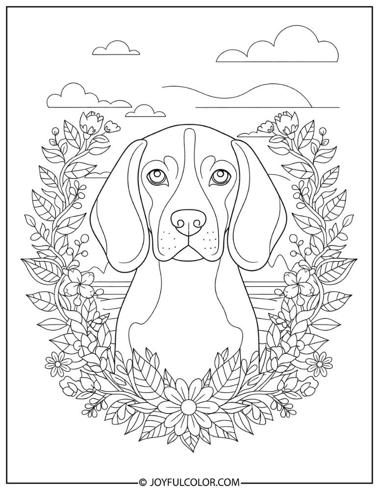 Floral Beagle Design Coloring Page