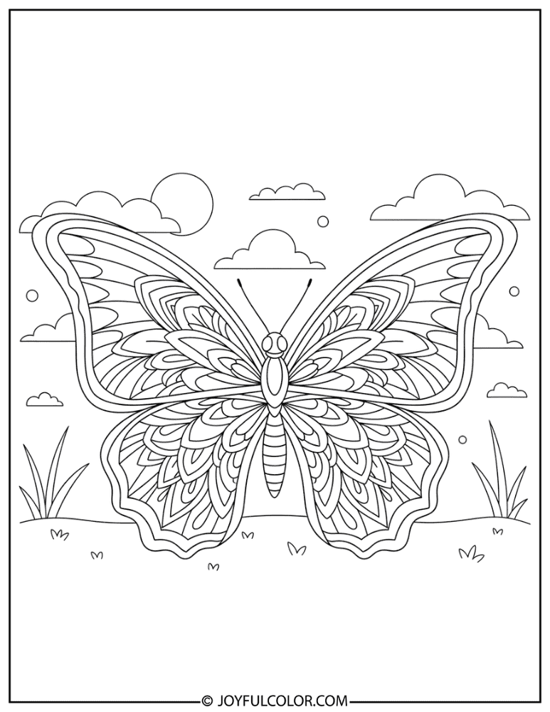 Floral Pattern Detailed Butterfly Coloring Page