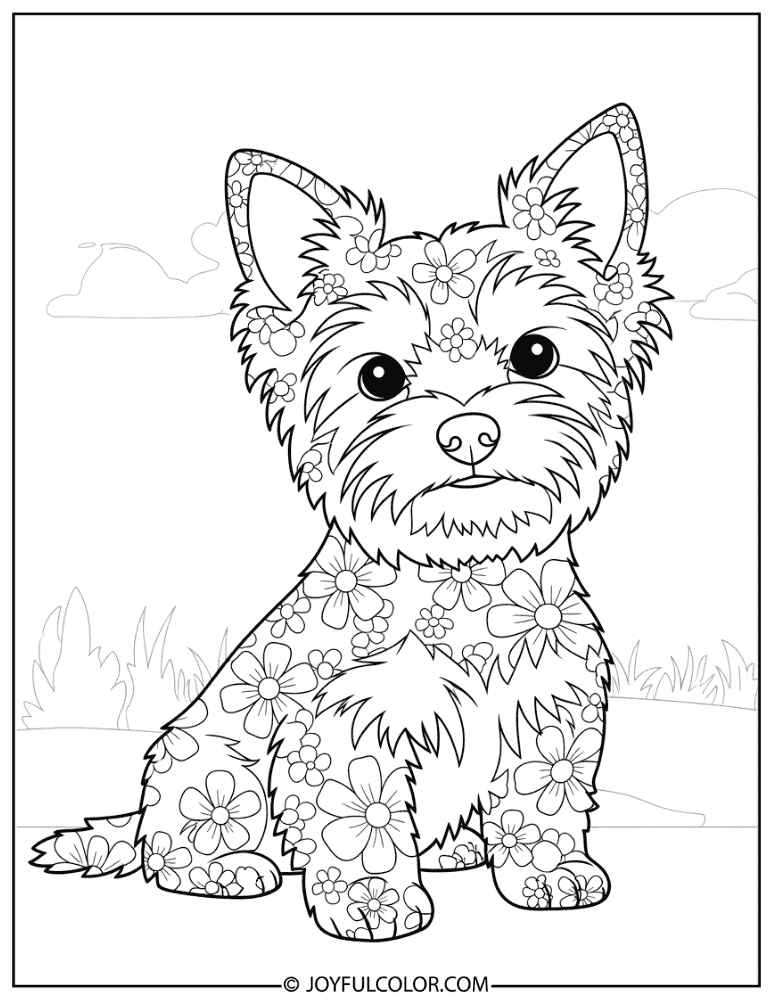 Floral Pattern Yorkie Coloring Page