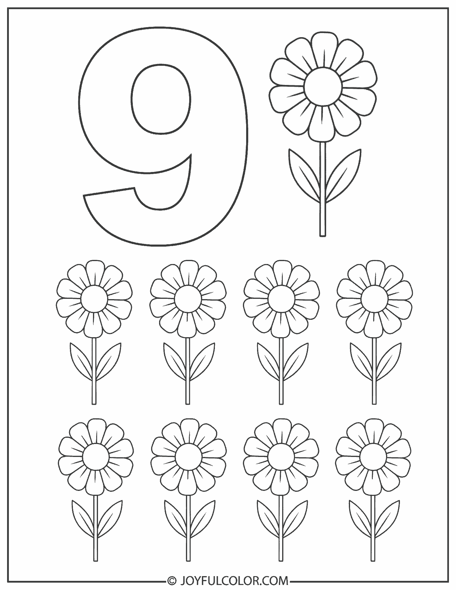 Flower Number 9 Coloring Page