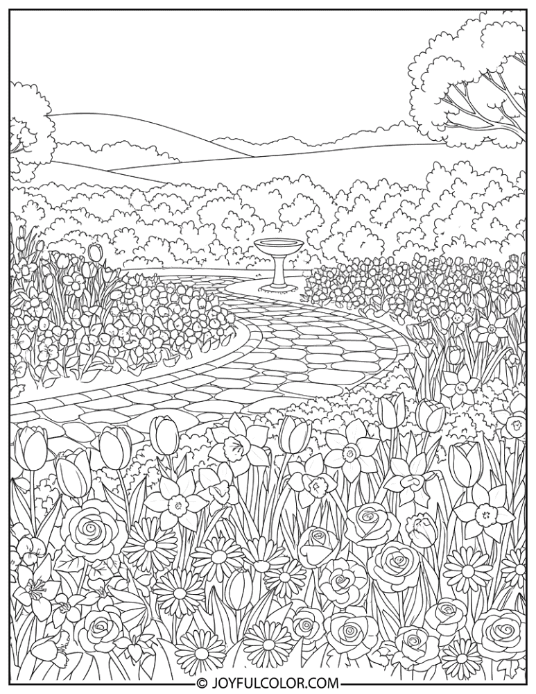 Flower Beds in Spring Coloring Page