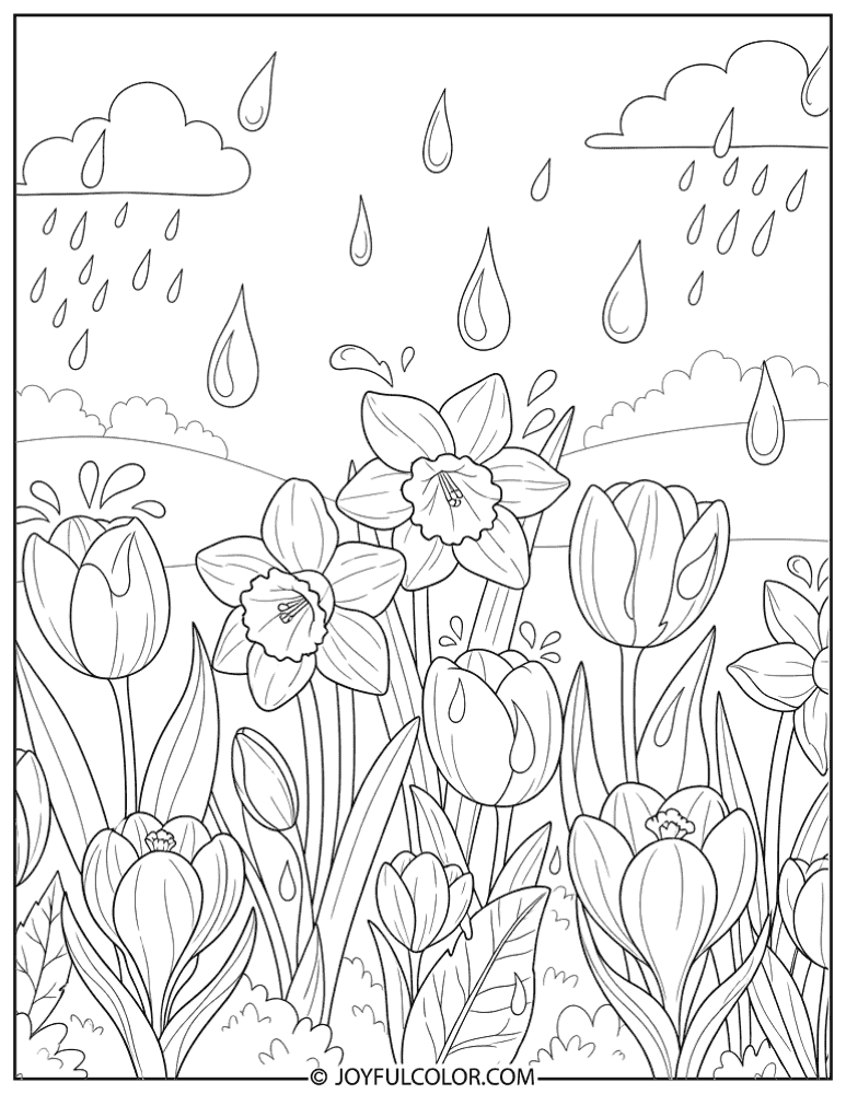 Flowers Growing in Rain Coloring Page