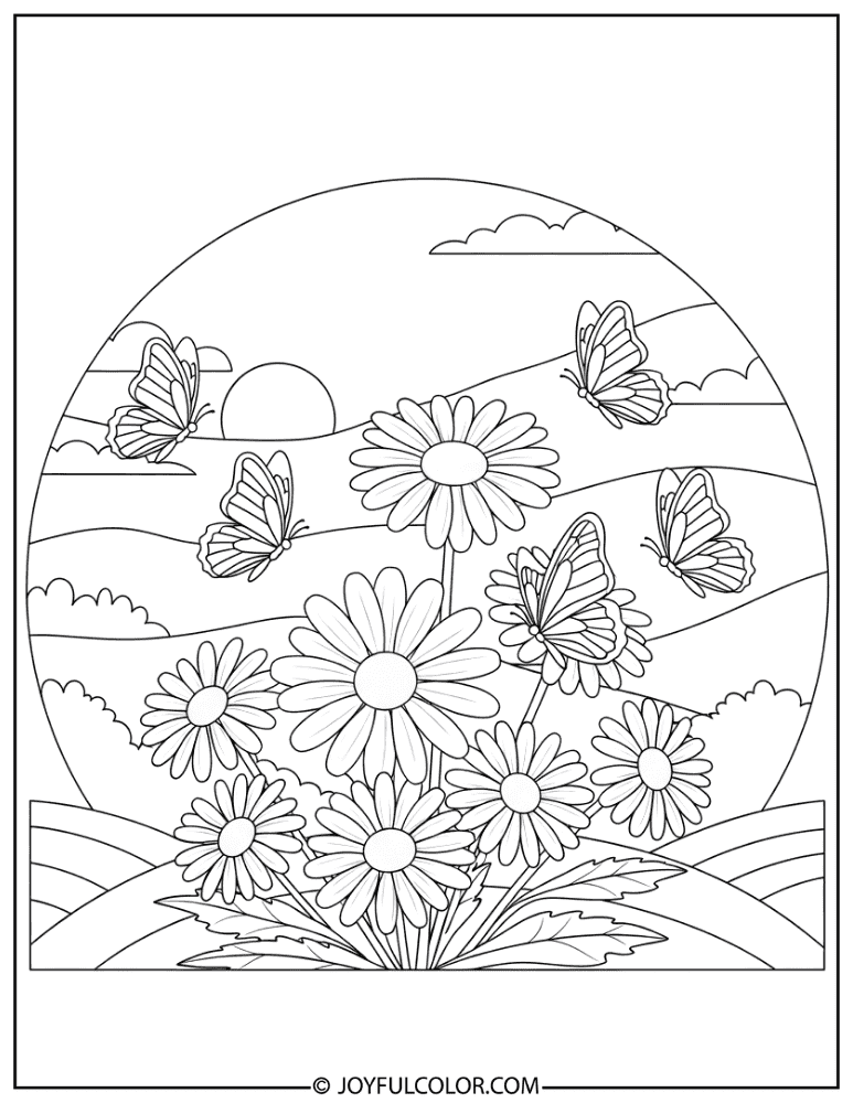 Fluttering Butterflies Around Daisies Coloring Page