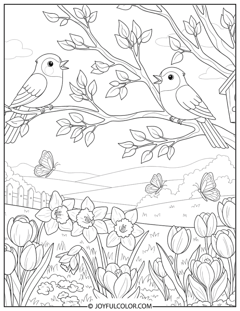 Garden Birds Singing Coloring Page