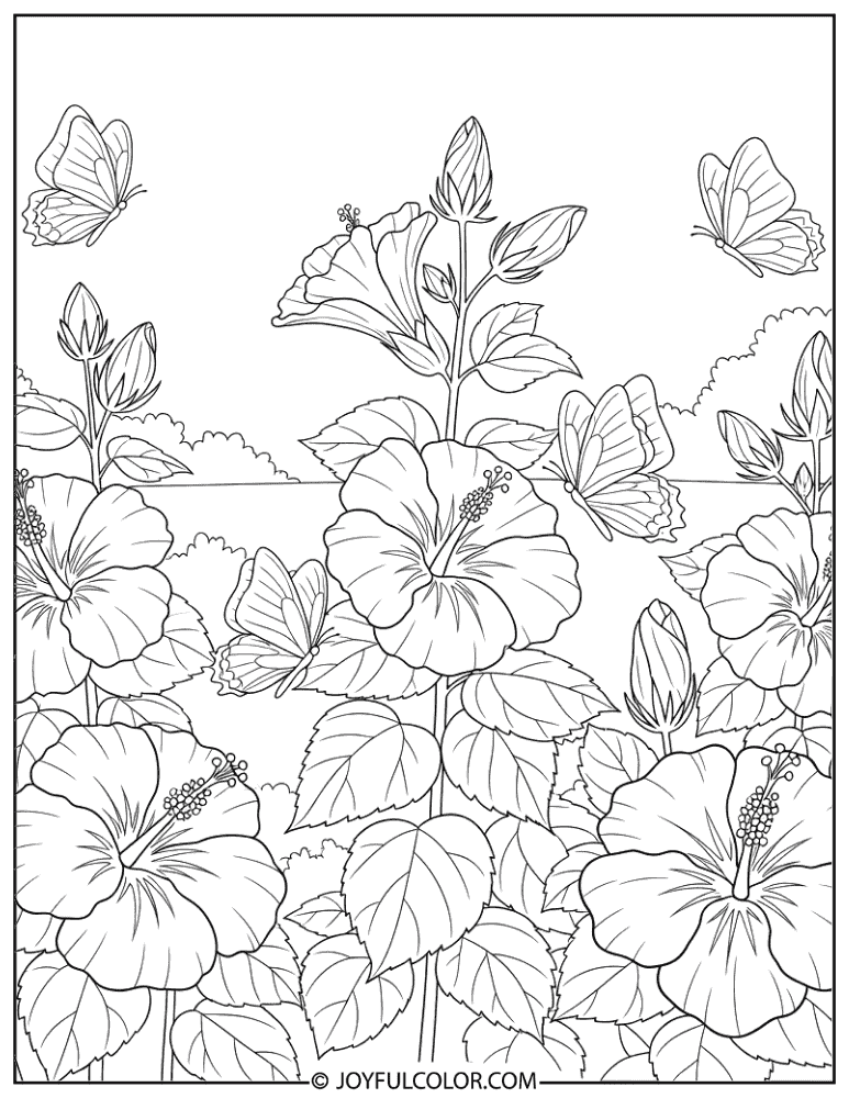 Garden Hibiscus with Butterflies Coloring Page