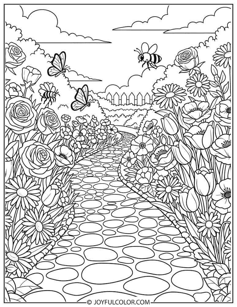 Garden Path with Blooming Flowers Coloring Page
