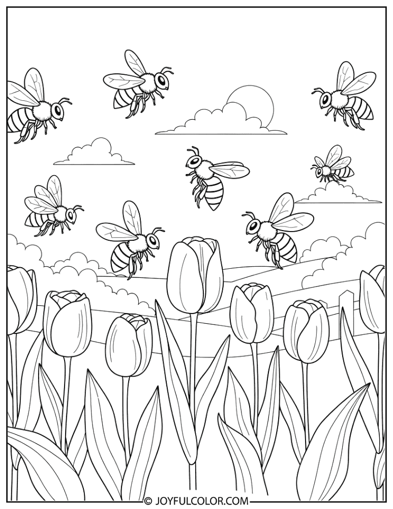 Garden with Bees and Tulips Coloring Page