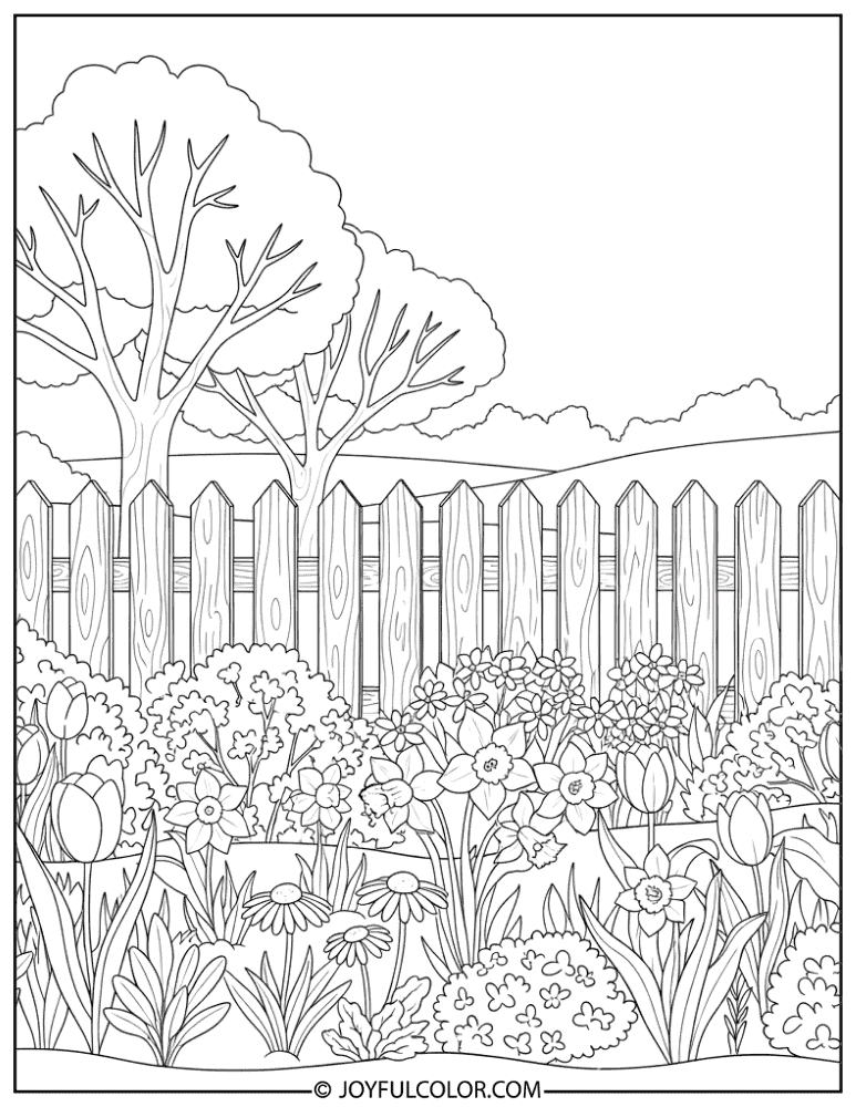Garden with Wooden Fence Coloring Page