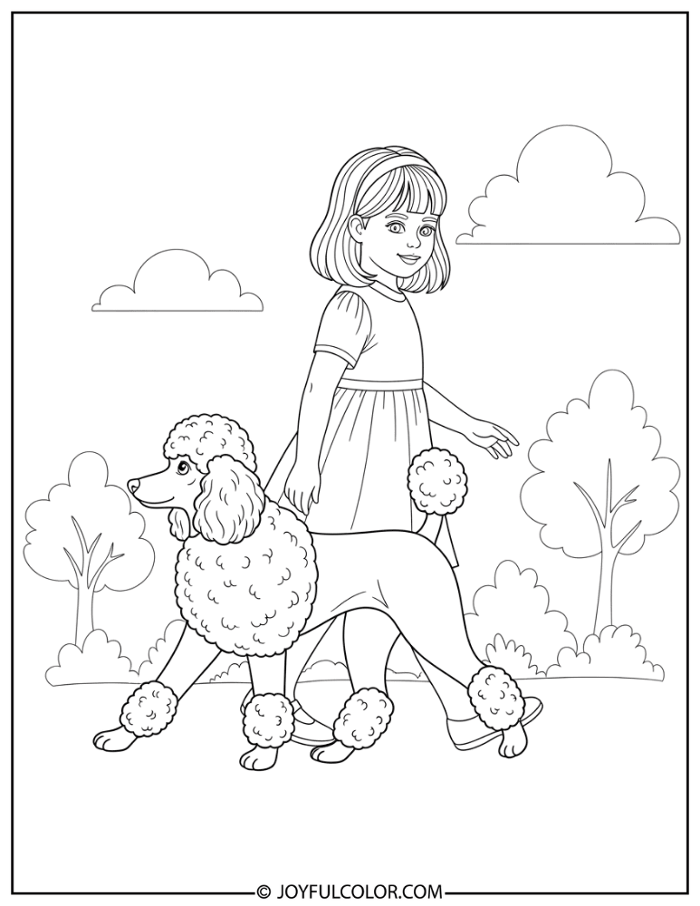 Girl Walking Poodle Coloring Page