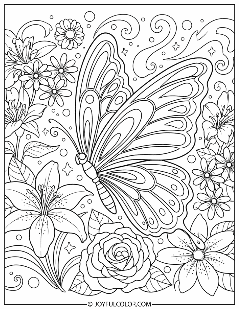 Glowing Butterfly in a Magical Garden Coloring Page