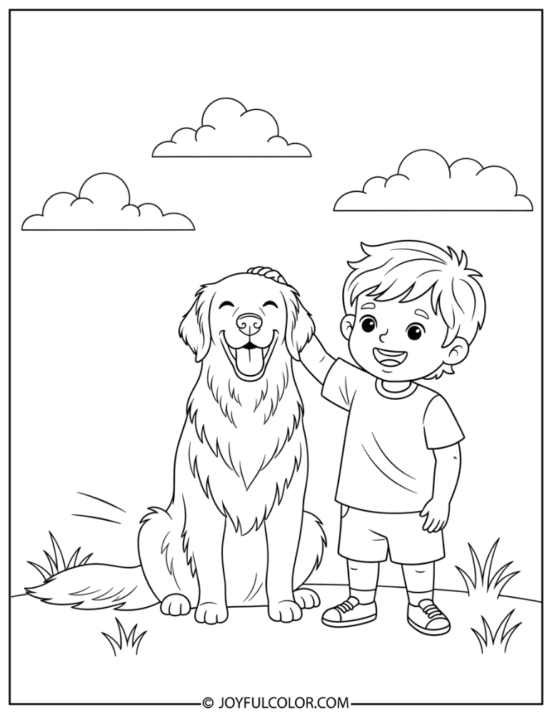 Golden Retriever with Child Coloring Page
