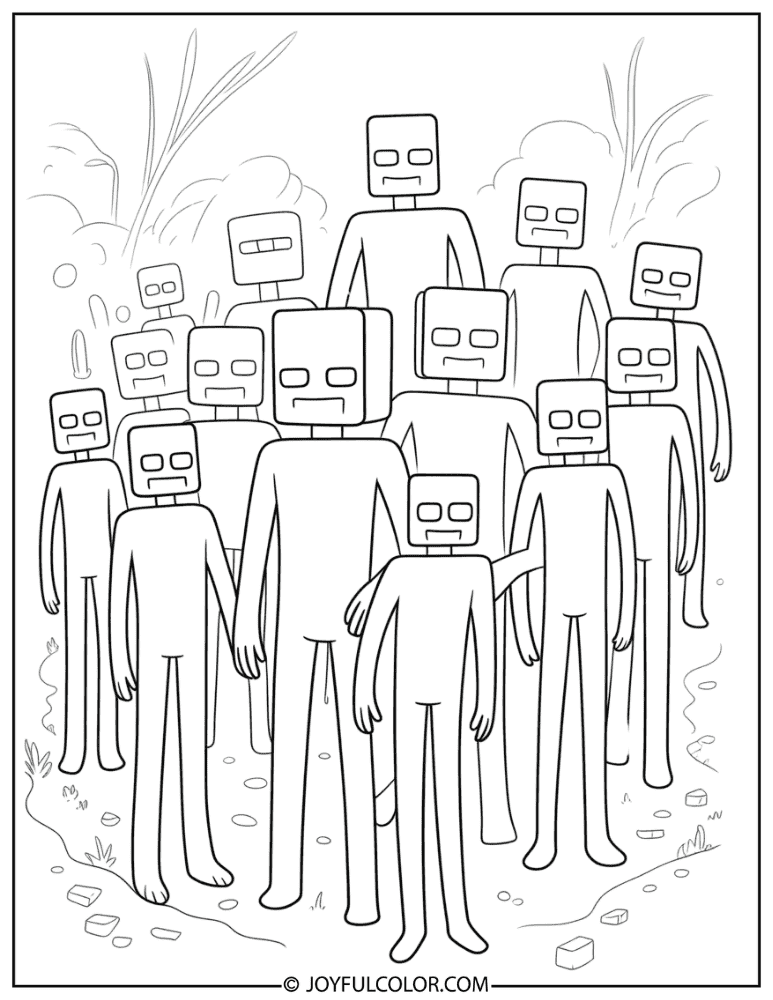 Group of Endermen in The End Coloring Page
