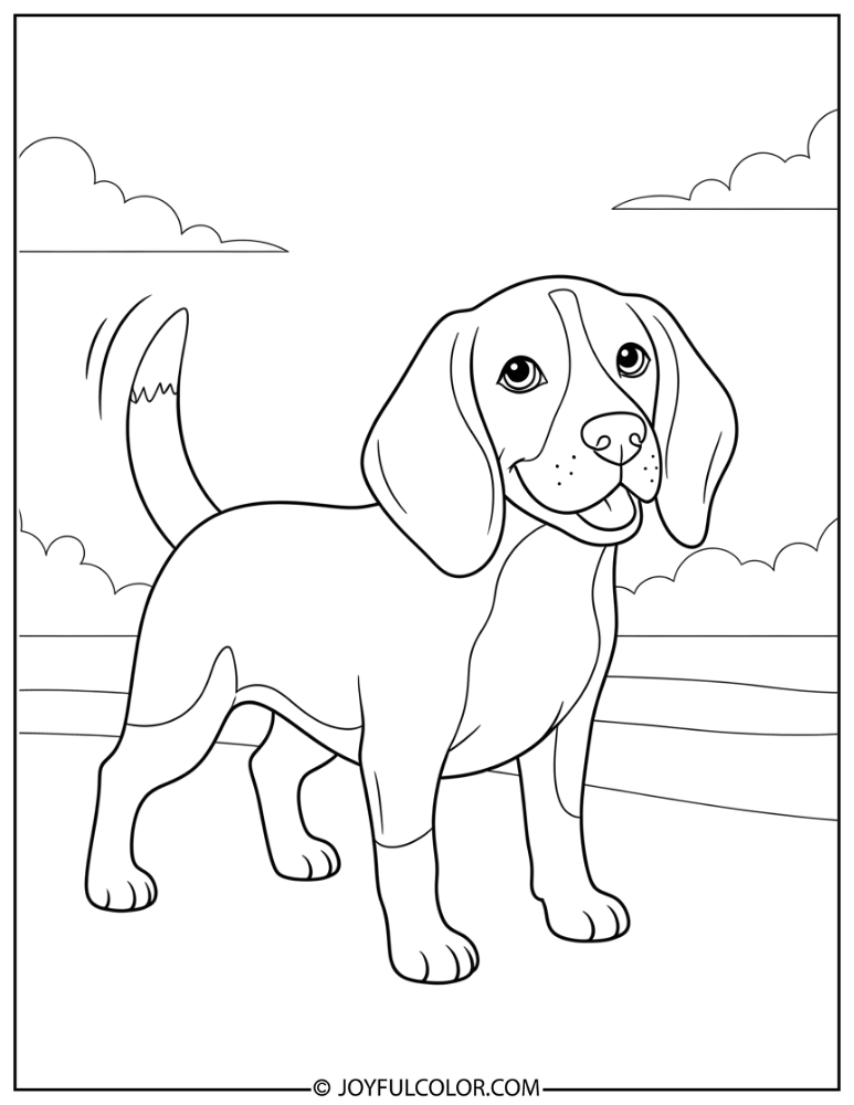 Happy Beagle Tail Wagging Coloring Page