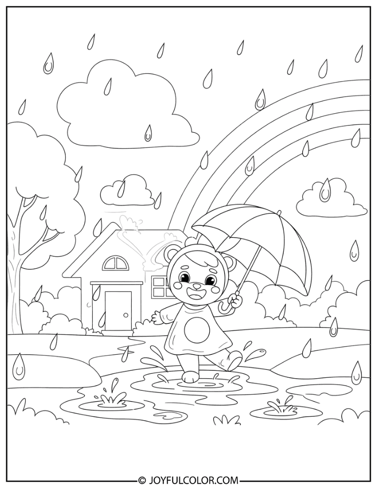 Happy Rain Scene Coloring Page