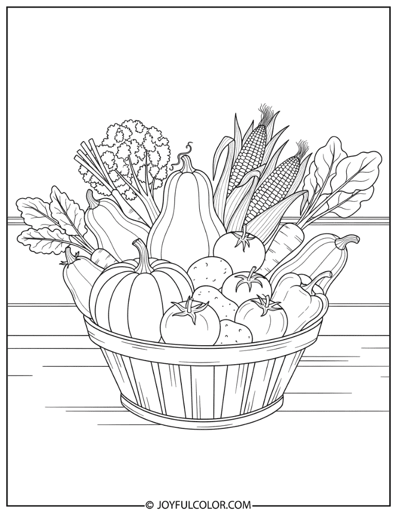 Harvest Basket with Mixed Vegetables Coloring Page