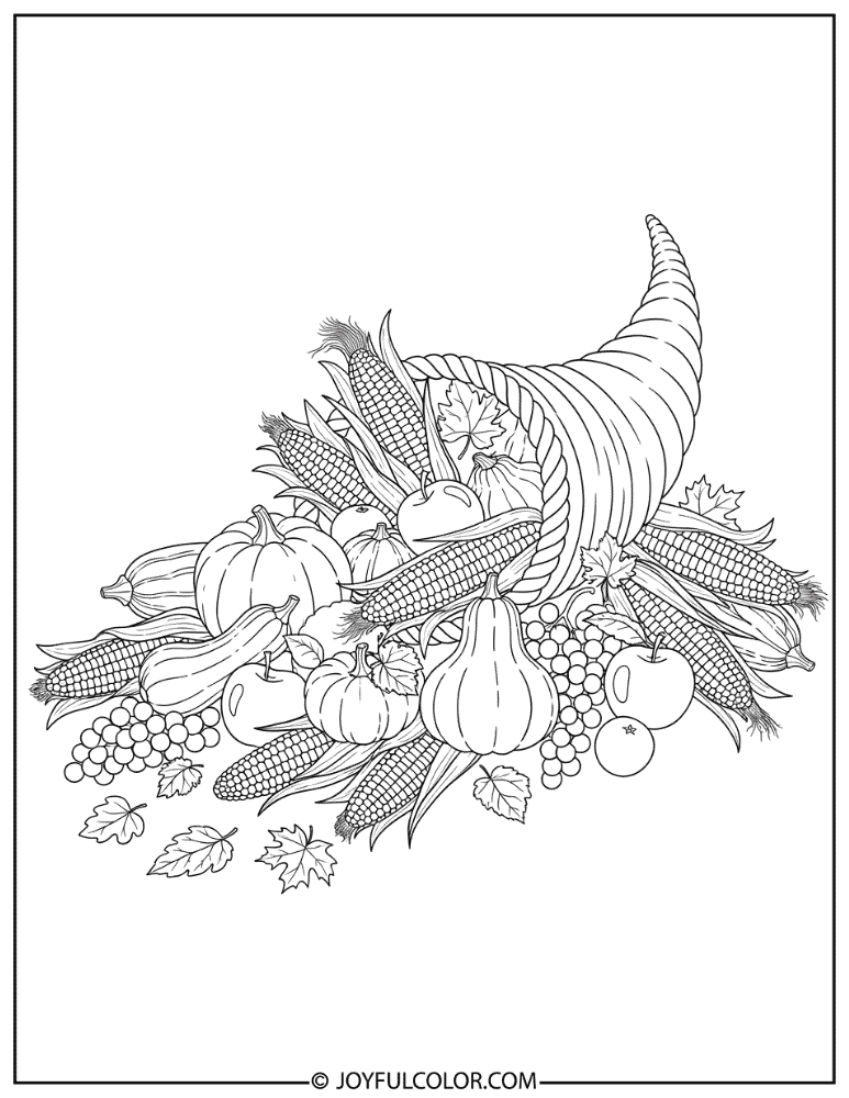 Harvest Cornucopia with Corn Coloring Page