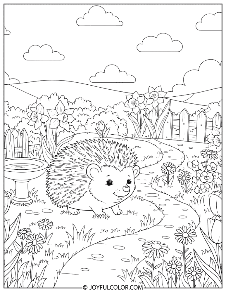 Hedgehog in Garden Coloring Page