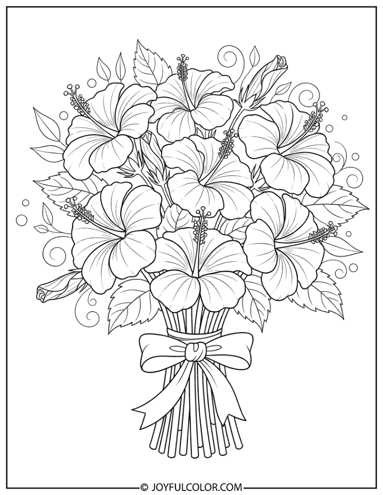 Hibiscus Bouquet with Ribbon Coloring Page