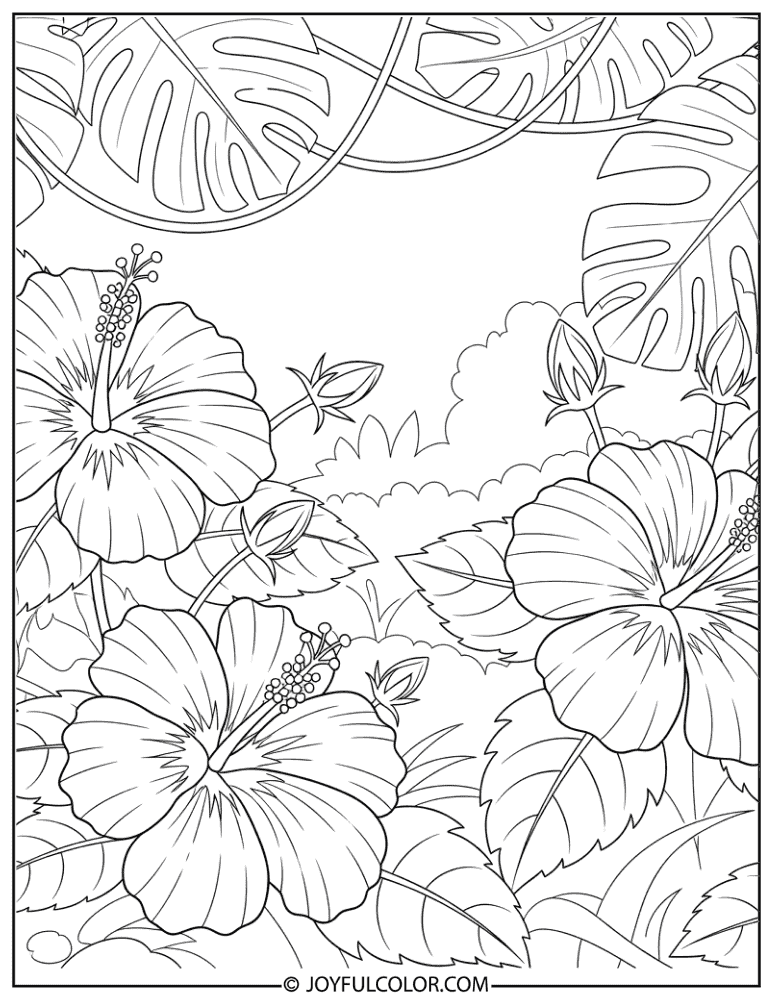 Hibiscus Jungle Scene Coloring Page