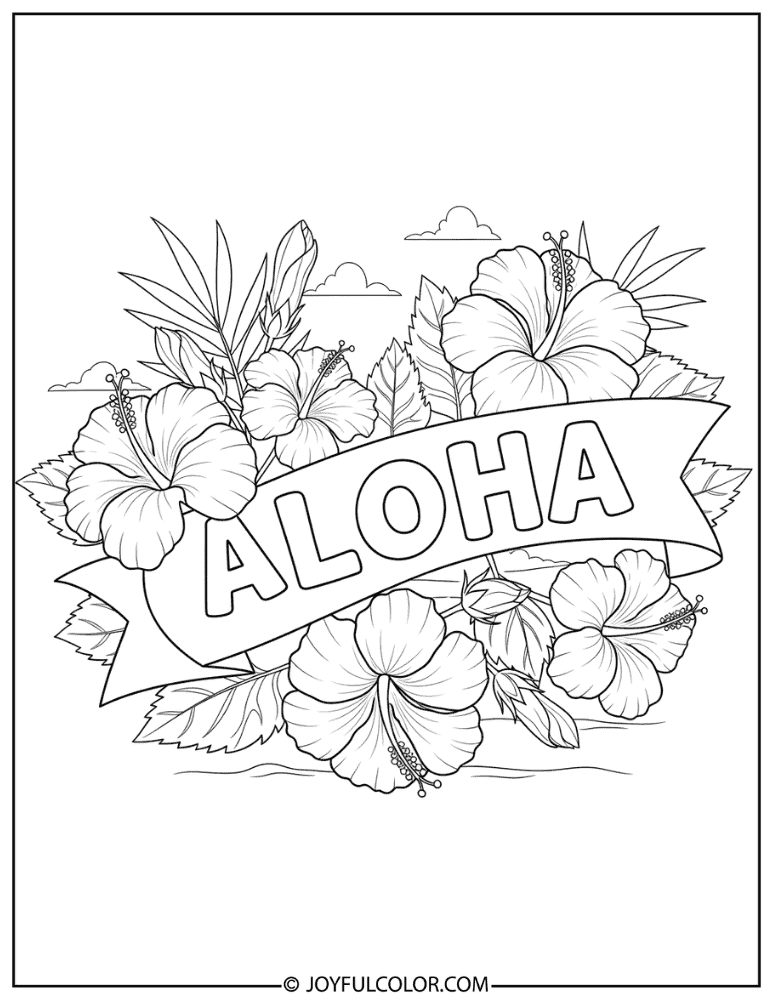Hibiscus with Aloha Banner Coloring Page