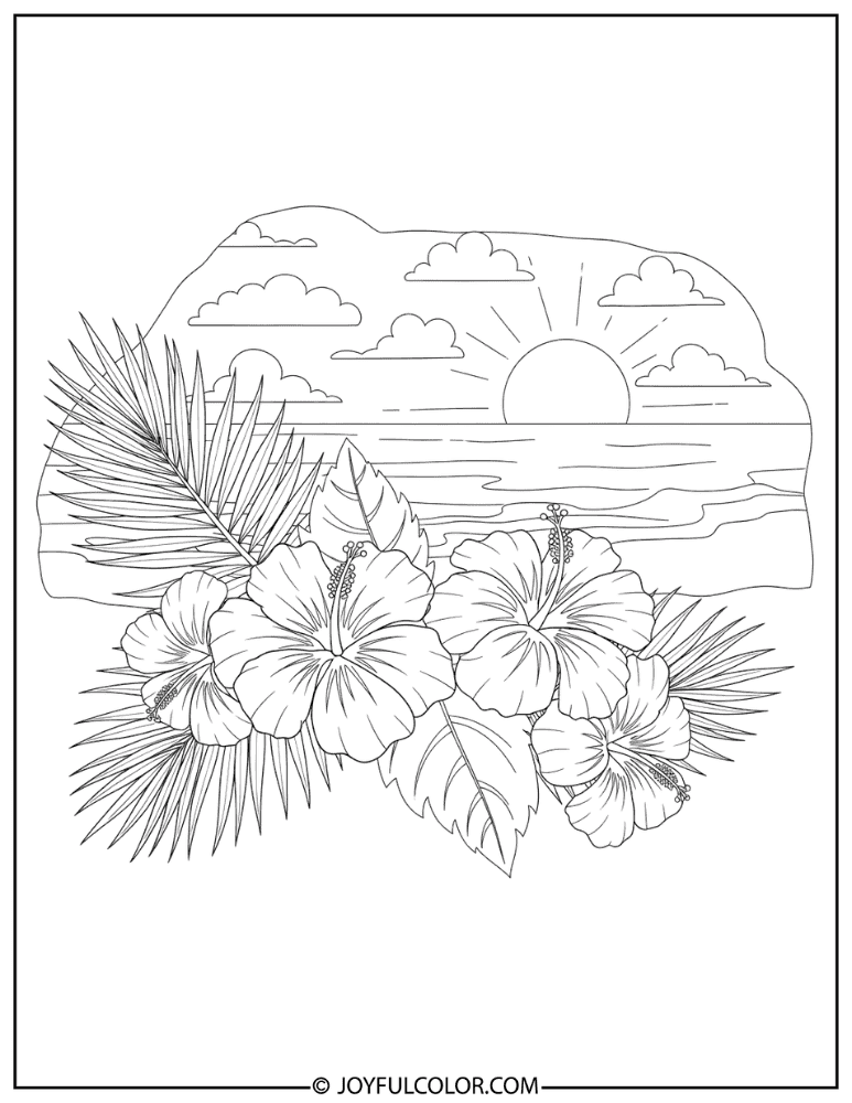 Hibiscus with Palm Leaves Coloring Page