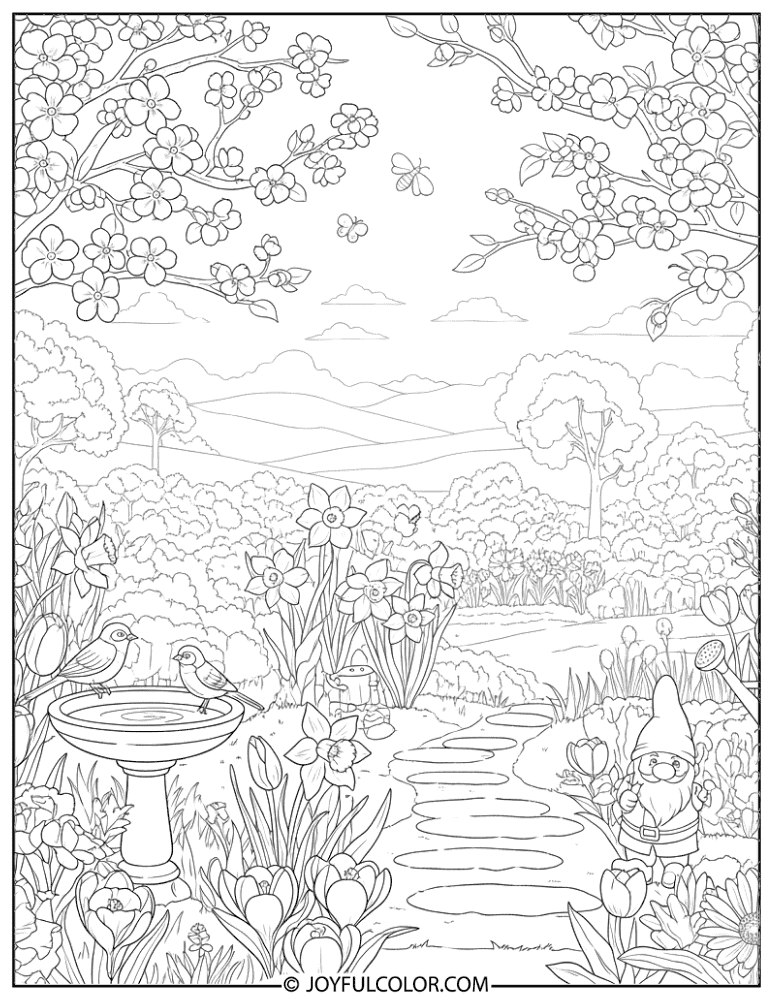 Intricate Spring Garden Scene Coloring Page