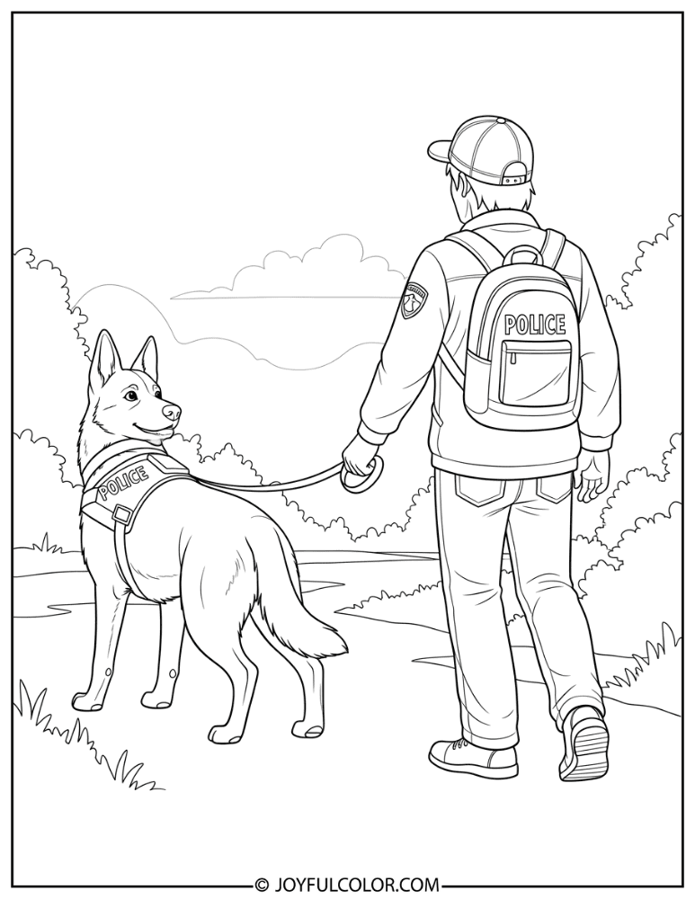 K9 Dog Helping Lost Person Coloring Page