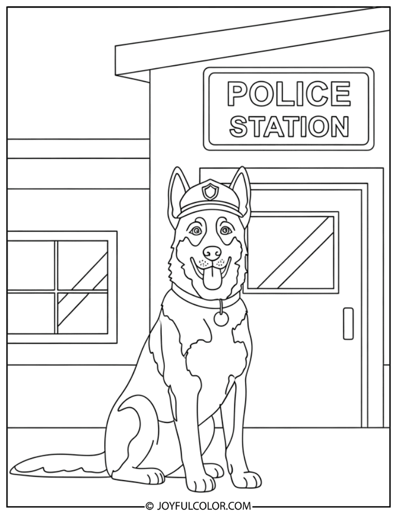 K9 Dog Outside Police Station Coloring Page