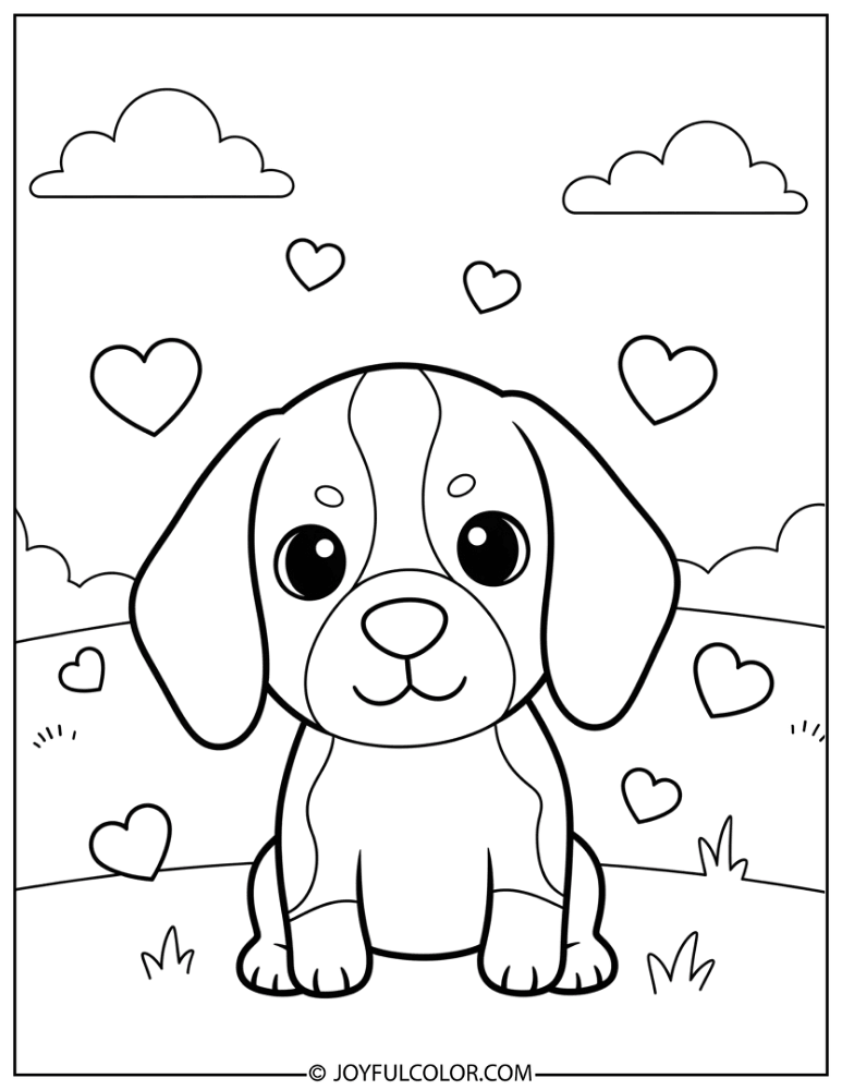Kawaii Beagle With Hearts Coloring Page