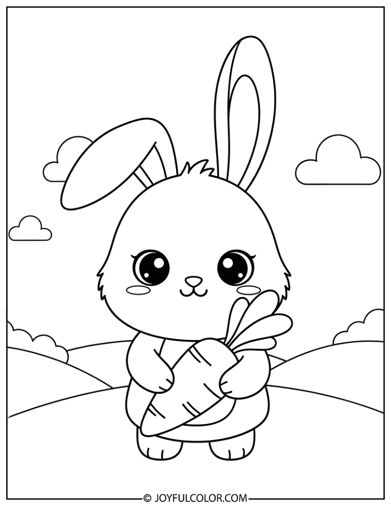 Kawaii Bunny Holding Carrot Coloring Page