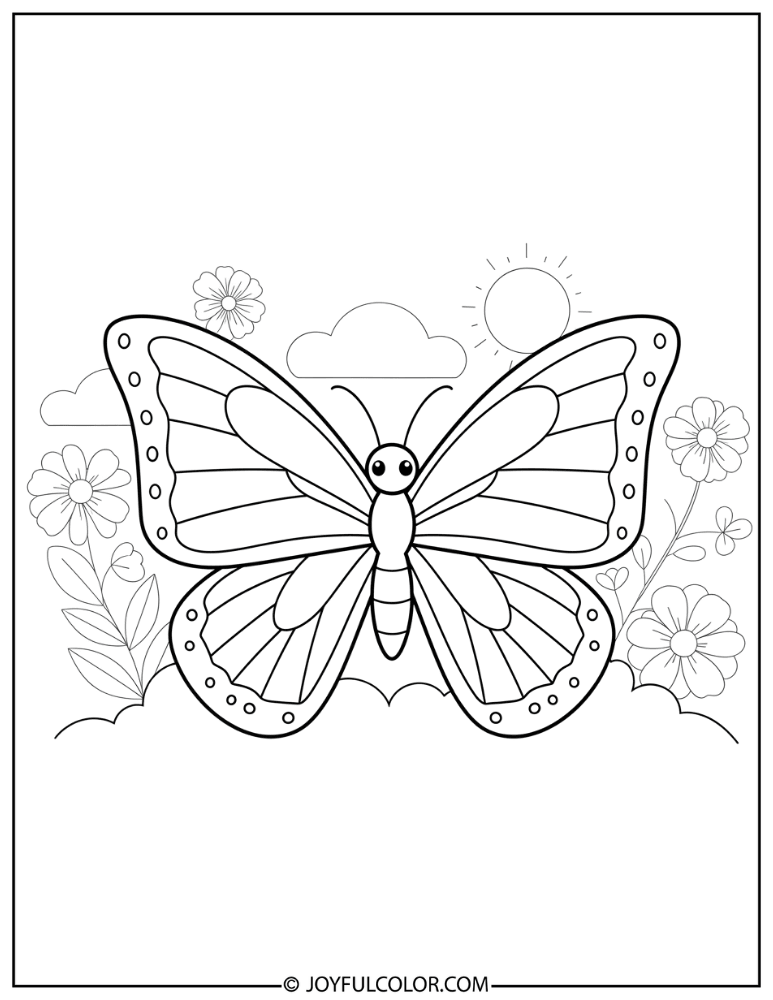Kawaii Butterfly Spring Coloring Page