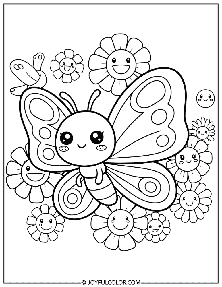Kawaii Butterfly with Smiling Flowers Coloring Page