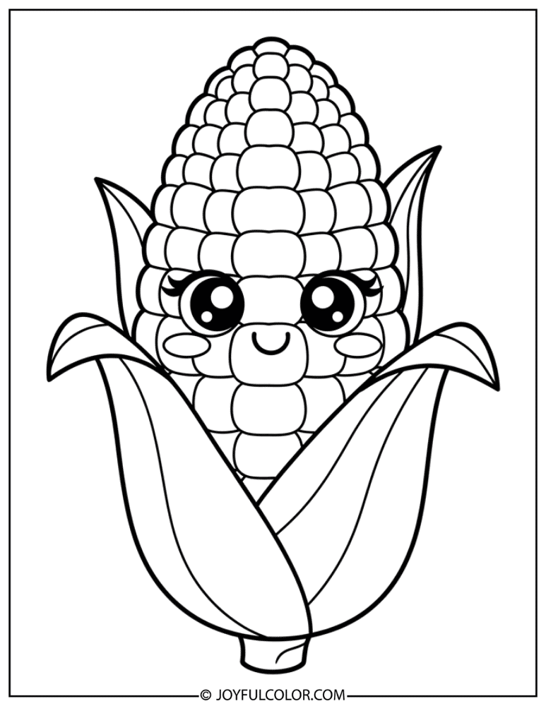 Kawaii Corn with Sparkling Eyes Coloring Page