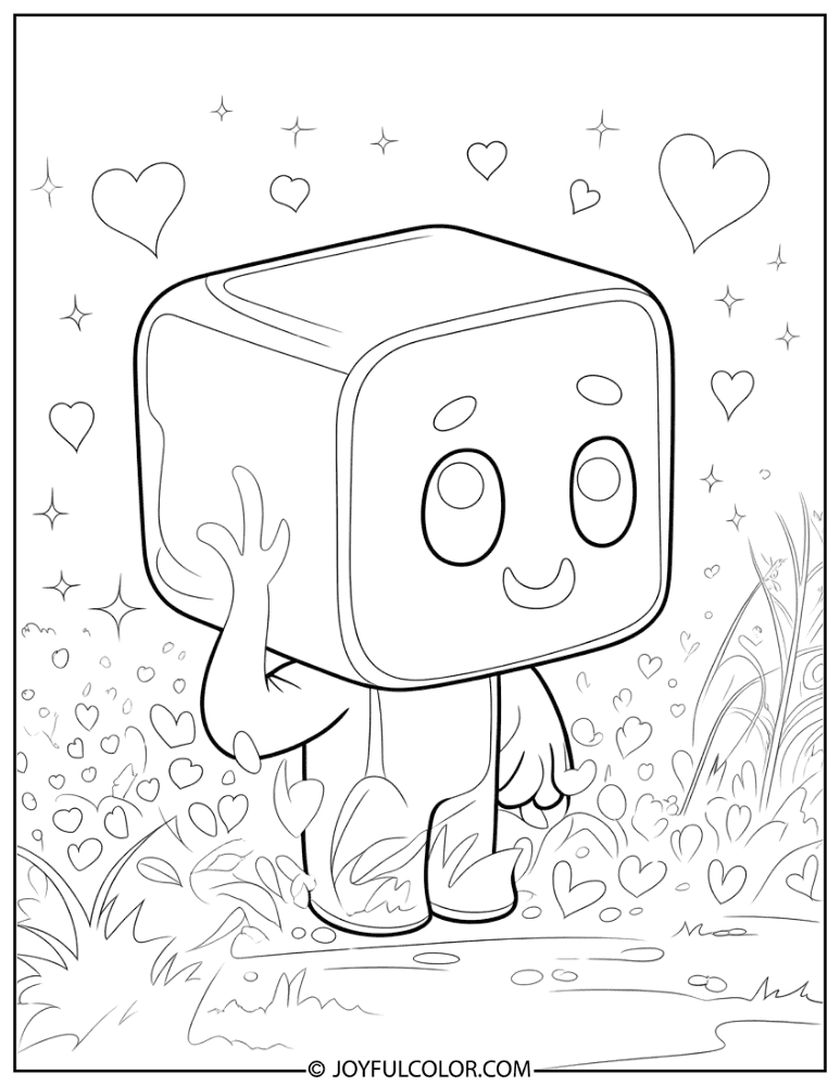 Kawaii Creeper with Hearts Coloring Page