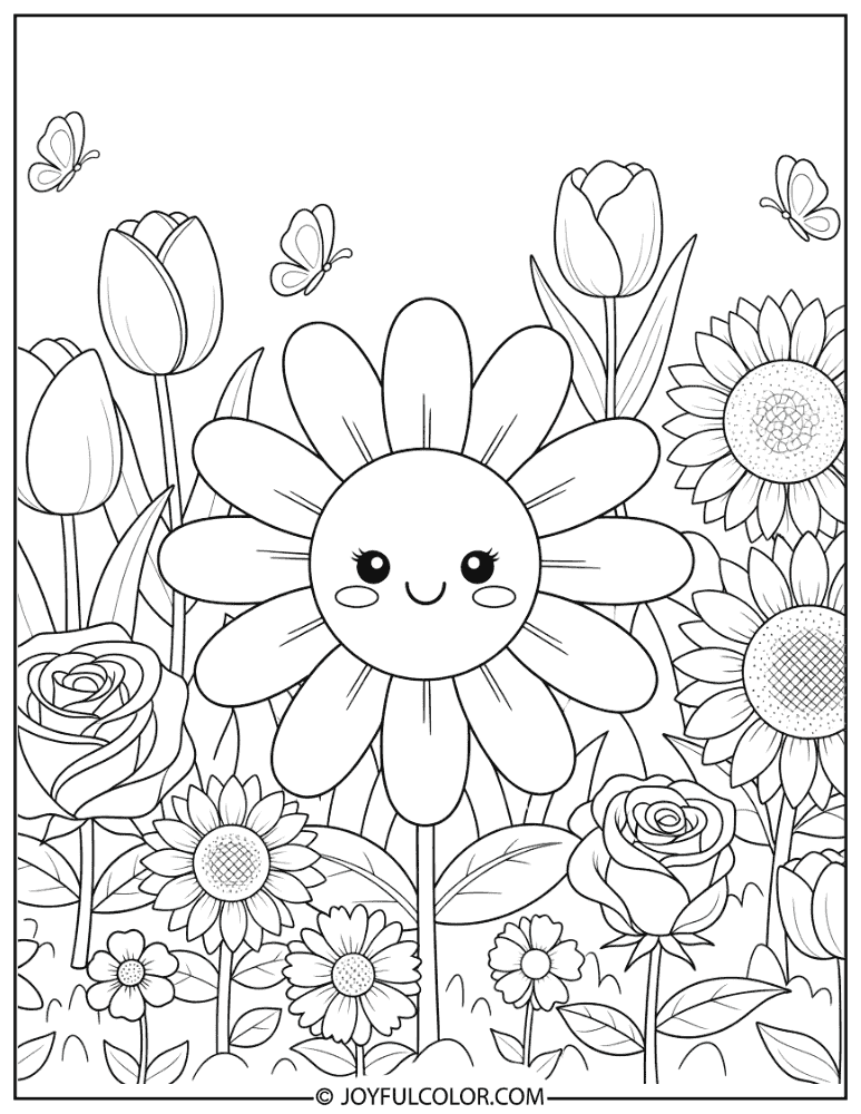Kawaii Daisy Garden Flower Coloring Page