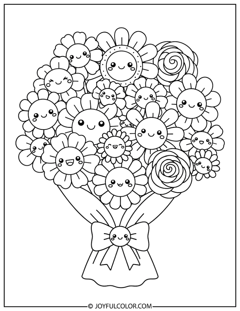 Kawaii Flower Bouquet Coloring Page