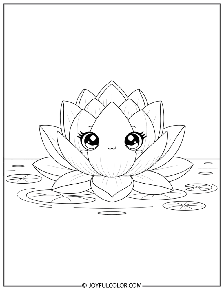 Kawaii Lotus Flower Coloring Page