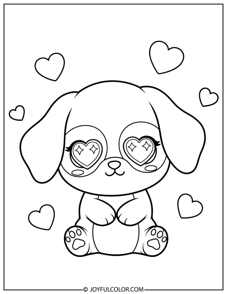 Kawaii Puppy with Heart Eyes Coloring Page