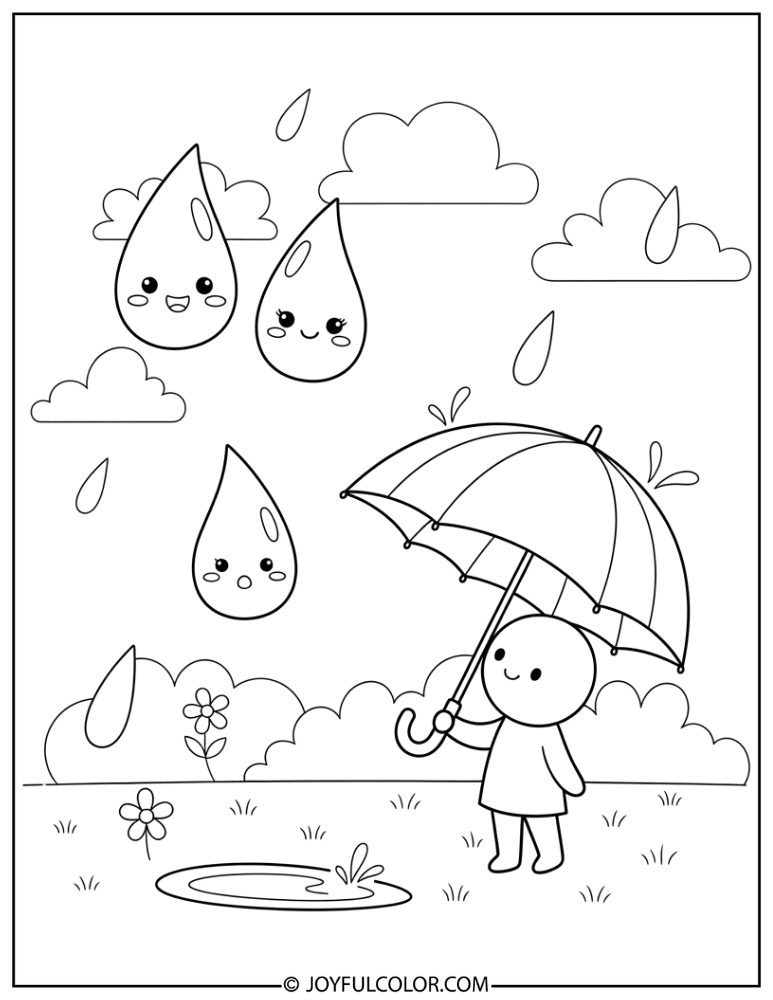 Kawaii Raindrops with Faces Coloring Page