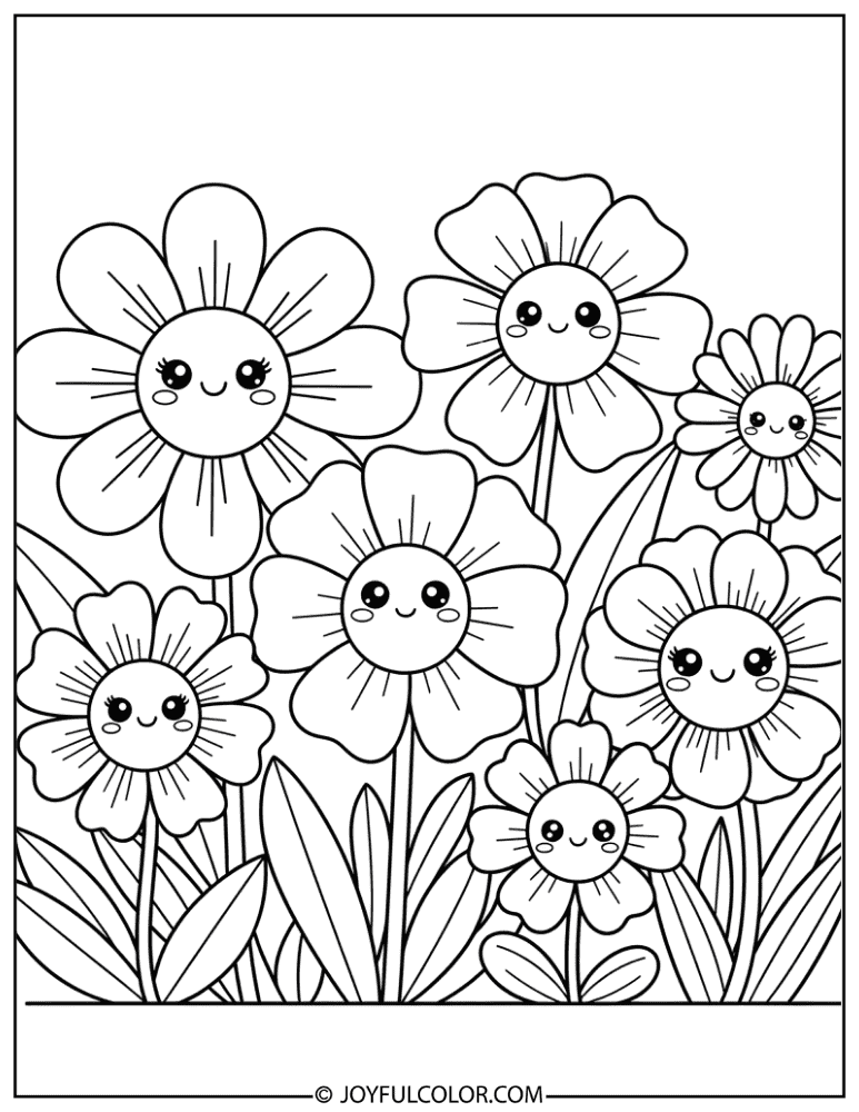Kawaii Spring Flower Coloring Page