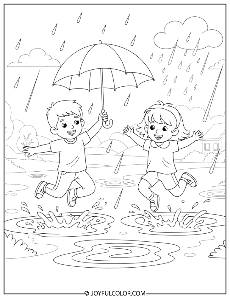 Kids Jumping in Puddles Coloring Page
