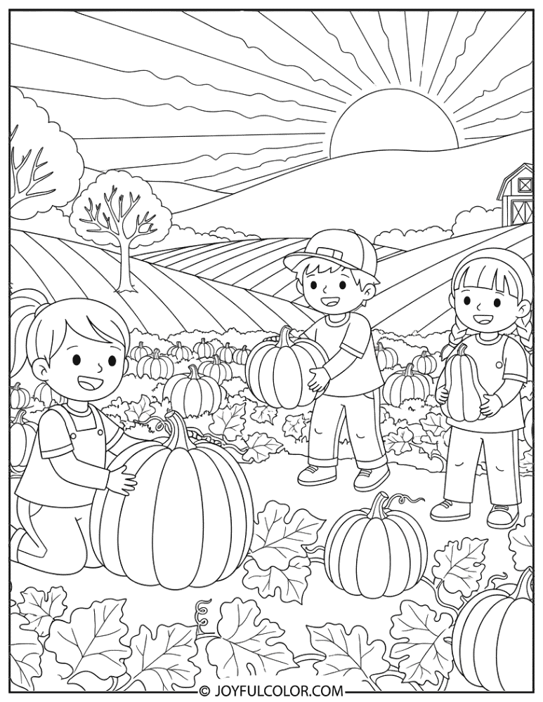 Kids Picking Pumpkins Coloring Page