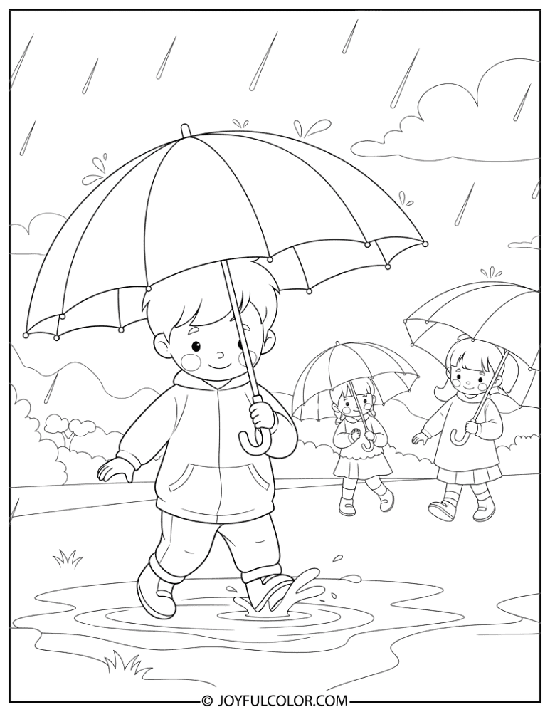 Kids Walking in Rain Coloring Page
