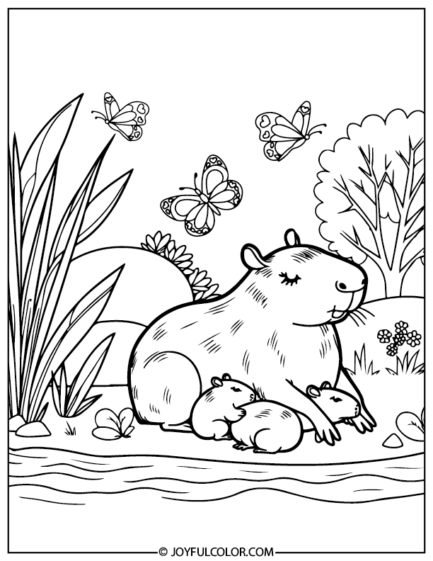 Capybara With Babies Coloring Page