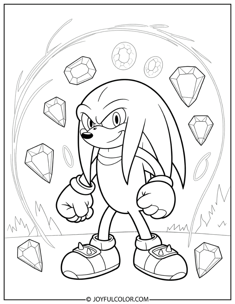 Knuckles and Chaos Emeralds Coloring Page