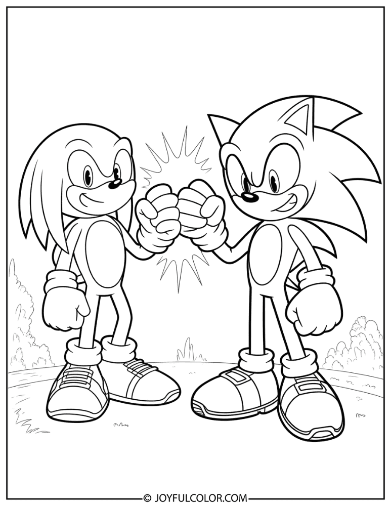 Knuckles and Sonic Fist Bump Coloring Page