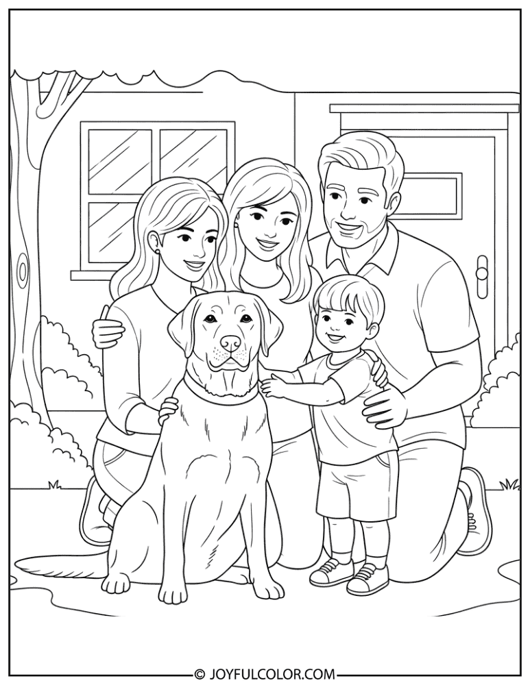 Lab Dog Sitting Beside Family Coloring Page