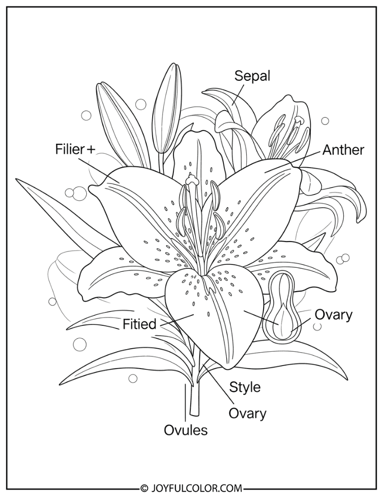 Labeled Lily Anatomy Coloring Page
